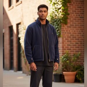 Polo Ralph Lauren Navy Fleece Jacket Zip Up Brown Trim Equestrian Preppy, Large